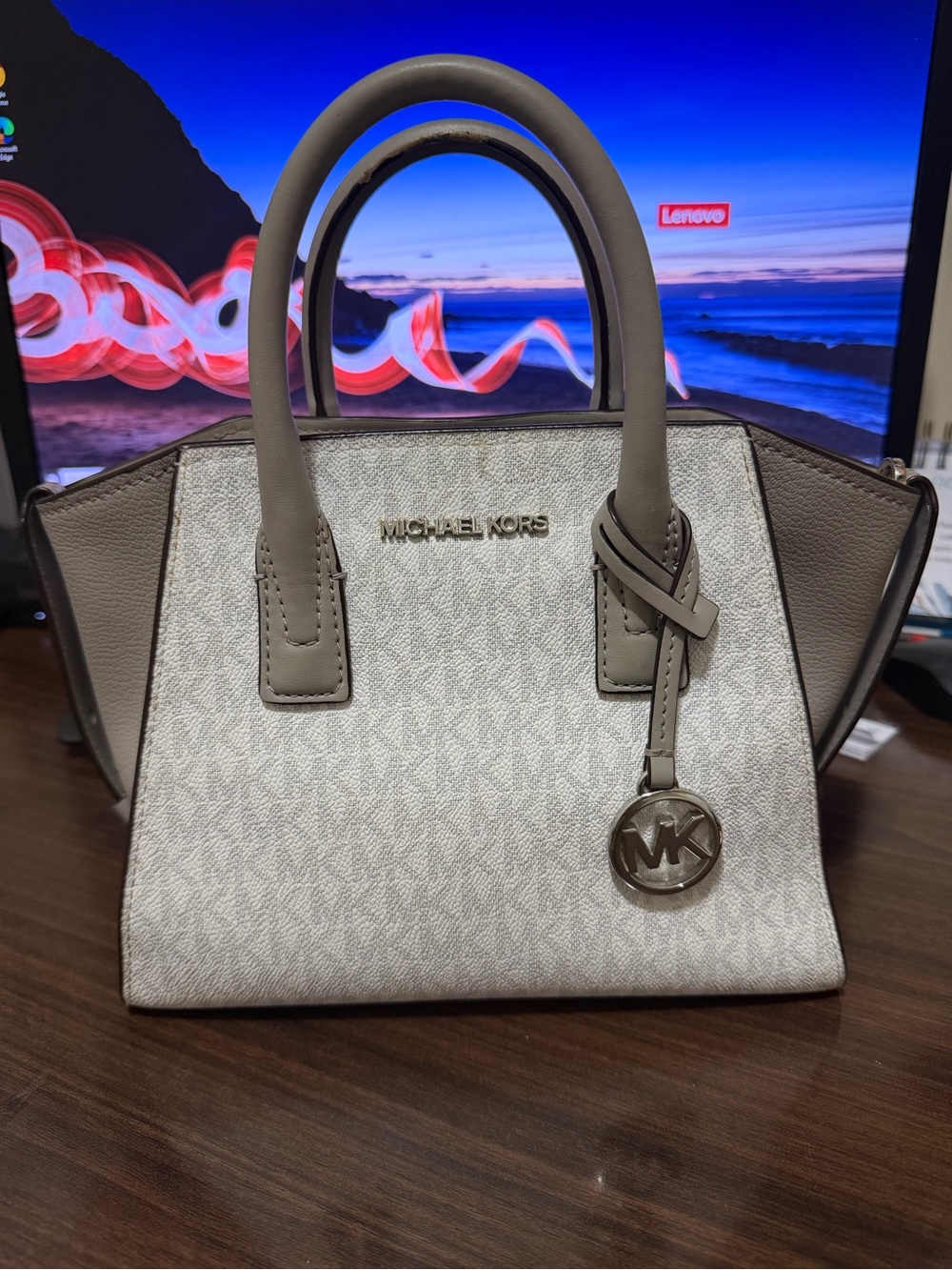Michael Kors Gray and Ivory Logo Satchel